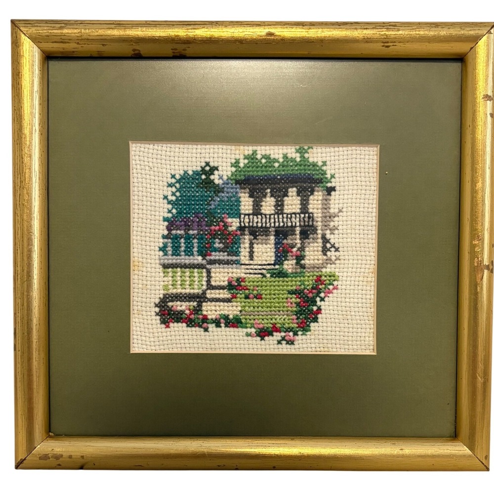 VTG Framed Cross Stitch House‎ Garden Needlepoint Folk Art Cottagecore 10x10